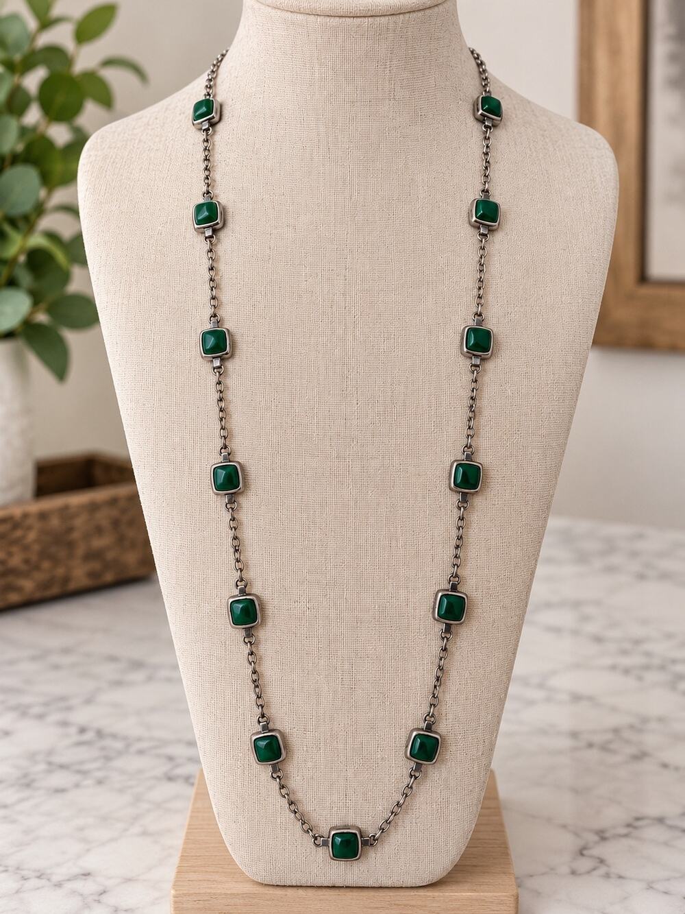 Talbots Green Cabochon Silver Tone Very Long Station Necklace